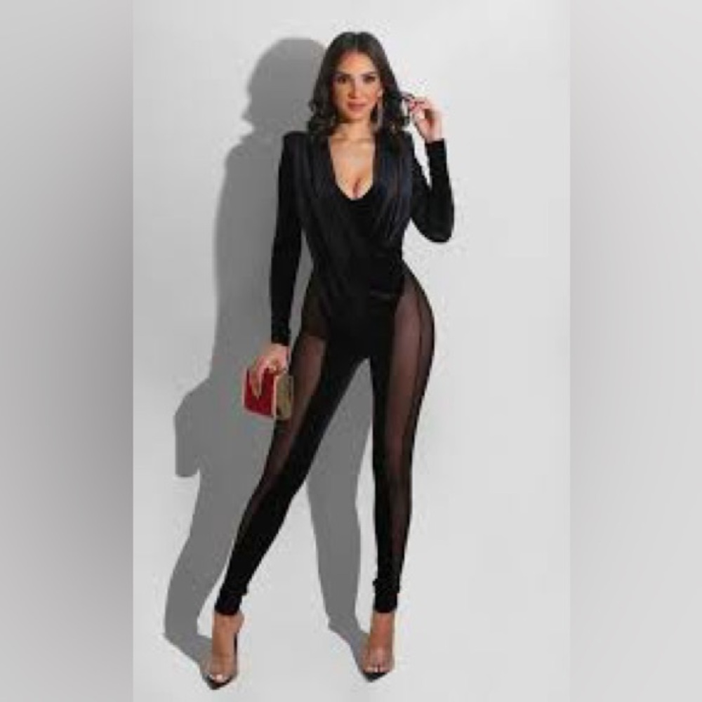 Mesh Velvet Patchwork See Through Side Asymmetric… - image 1